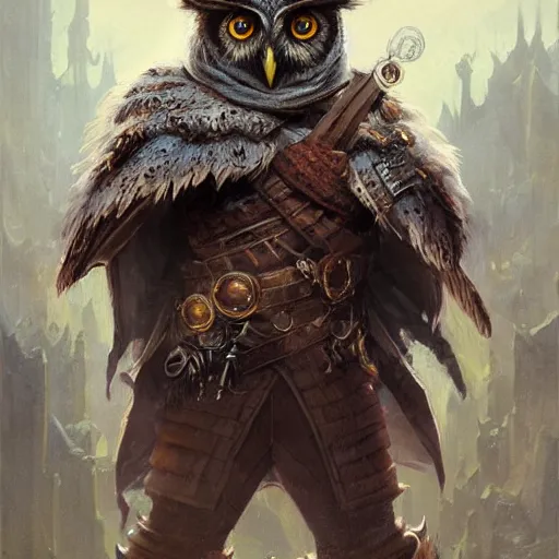 Prompt: a detailed portrait of an owl wizard dressed with a leather armor, by greg rutkowski and justin gerard, digital art, realistic painting, very detailed, fantasy, character design, dnd, trending on artstation