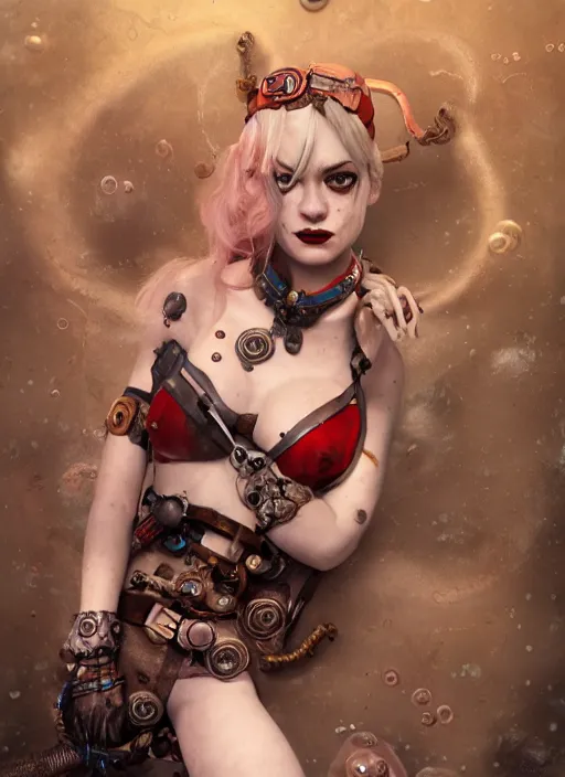 Image similar to underwater steampunk portrait of emma stone as harley quinn, octopus, hyper detailed, digital art, cinematic lighting, studio quality, smooth render, unreal engine 5, octane rendered, art style by klimt and nixeu and ian sprigger and krenz cushart.