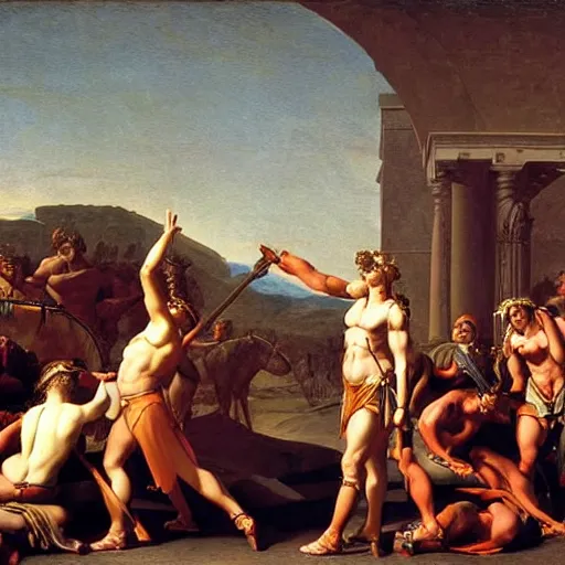 Image similar to muscular warrior women, roman women in armor, oath of the horatii, jacques - louis david