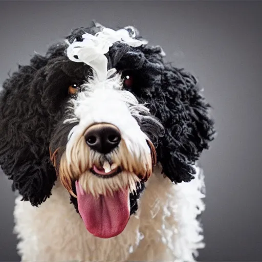 Image similar to a closeup photorealistic photograph of a cute smiling knitted bernedoodle judge dog dressed in a black gown, presiding over the courthouse. indoor image, professional capture, well lit shot. this 4 k hd image is trending on artstation, featured on behance, well - rendered, extra crisp, features intricate detail, epic composition and the style of unreal engine.