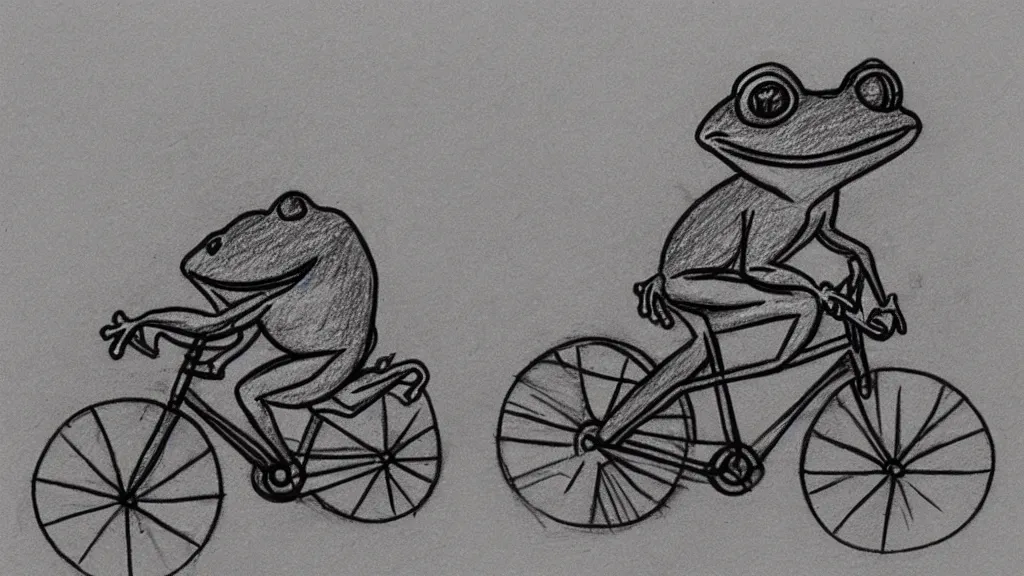 Image similar to a pencil sketch of a frog riding a bicycle