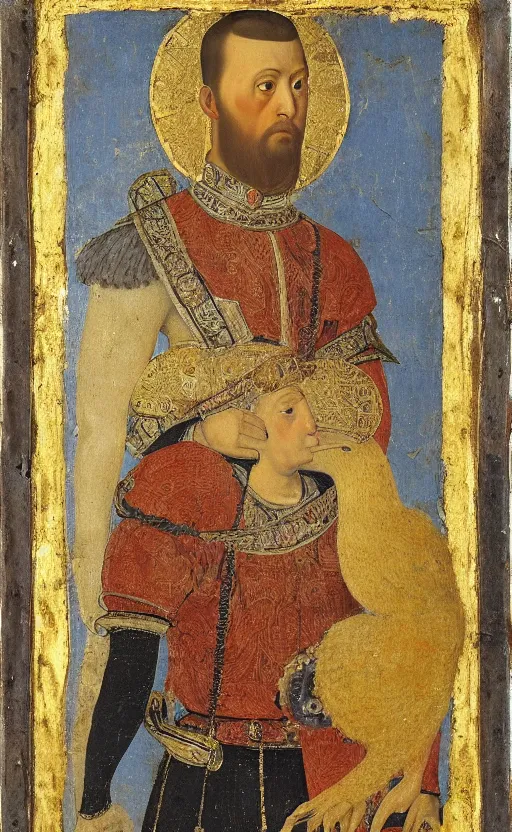 Prompt: portrait of a serbian king holding his pet dodo, painting, 1 5 th century, high quality,