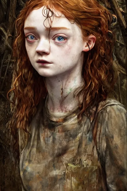 Image similar to sadie sink as ellie in the last of us, dirt, fashion, fantasy, art by ayami kojima, vasnetsov, cedric peyravernay