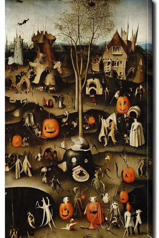 Prompt: Trick-or-treaters during Halloween, painted by Hieronymus Bosch, printed on metal canvas