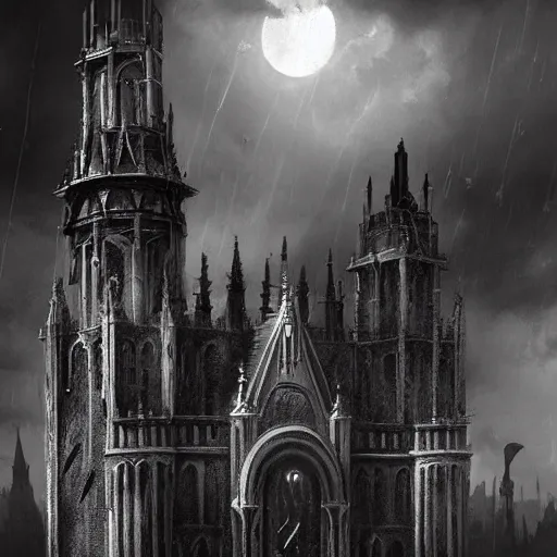 Image similar to an ultra detailed black and white matte painting of a lonely and impossibly tall ominous gothic dark citadel tower of the evil patriarch, in the style of magic the gathering, in a river elevated high above the city, flintlock fantasy capital city, ultrawide lense, aerial photography, scary thunderstorm, exquisite detail, 8 k, art by greg rutkowski and alphonse mucha