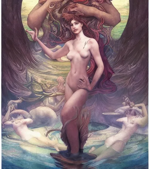 Image similar to underwater dream of the maiden, by annie swynnerton and tino rodriguez and charlie bowater and tom bagshaw and nicholas roerich and jean delville and evelyn de morgan and lucien freud, dramatic lighting, floral tattoos, rich colors, smooth sharp focus, anime key visual, extremely detailed, adolf wolfli