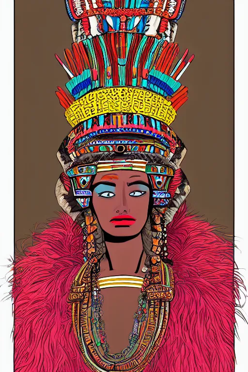 Image similar to close up portrait of a beautiful aztec queen with elaborate head dress by jamie hewlett, jamie hewlett art, full body character concept art, vaporwave colors,