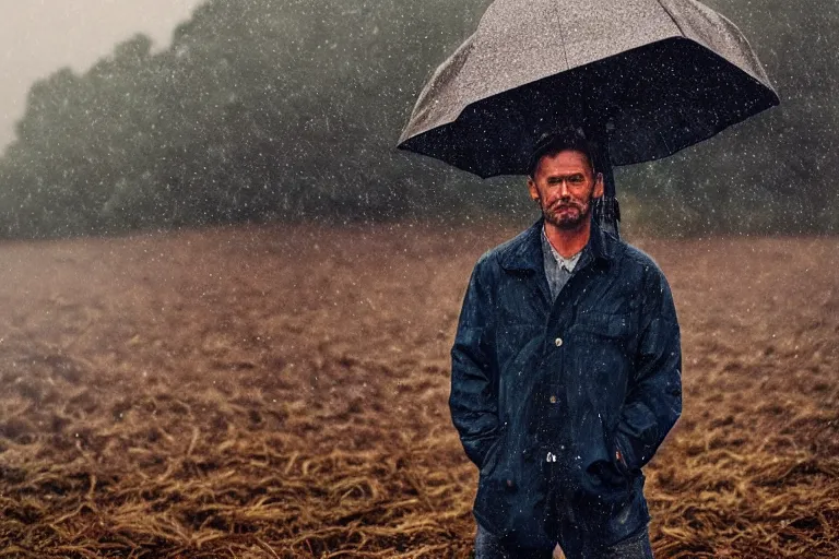 Image similar to a cinematic headshot portrait of a farmer, stood outside a wooden cabin, raining, movie still, shallow depth of field, ultra realistic, dramatic lighting, by krenz cushart