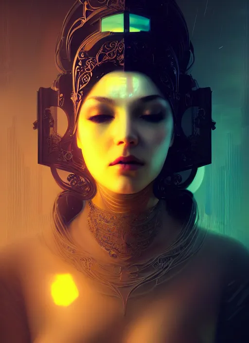 Image similar to centered portrait of a beautiful woman wearing a venetian mask, intricate concept art, ethereal, highly detailed, artstation, smooth, cyberpunk darksynth, cinematic, mist, dramatic lighting, illuminated glowing lines, outrun, neon, vaporware, by ruan jia and ilya kuvshinov and liam wong and alphonse mucha