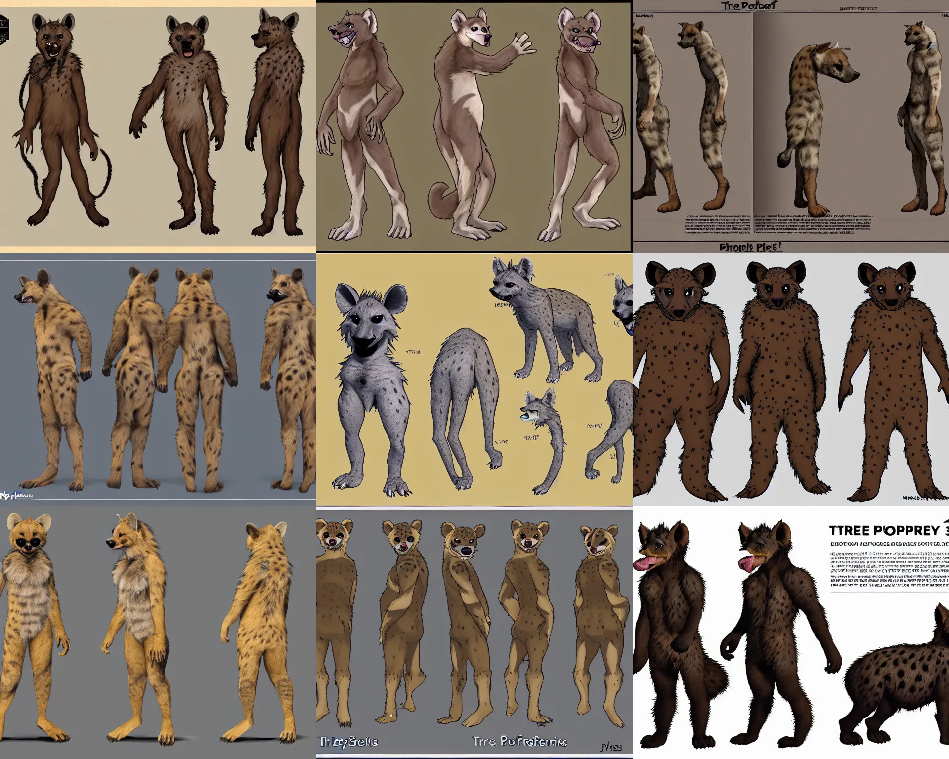 Prompt: three - perspective furry reference sheet ( front / back / side ), hyena fursona, trending on weasyl