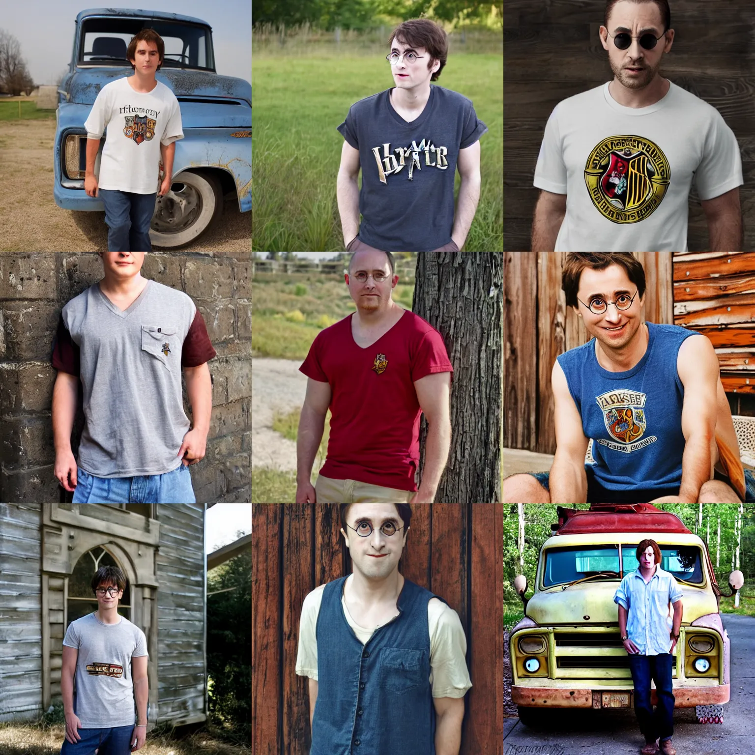 Prompt: Harry Potter, wife beater shirt, Natural Light, old pickup truck