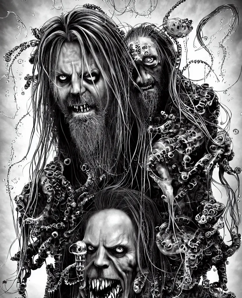 Image similar to Rob Zombie and Captain Spalding (The Devils Rejects), epic angle and pose, symmetrical artwork, 3d with depth of field, blurred background, cybernetic jellyfish female face skull phoenix bird, translucent, nautilus, energy flows of water and fire. a highly detailed epic cinematic concept art CG render. made in Maya, Blender and Photoshop, octane render, excellent composition, cinematic dystopian brutalist atmosphere, dynamic dramatic cinematic lighting, aesthetic, very inspirational, arthouse. y Greg Rutkowski, Ilya Kuvshinov, WLOP, Stanley Artgerm Lau, Ruan Jia and Fenghua Zhong