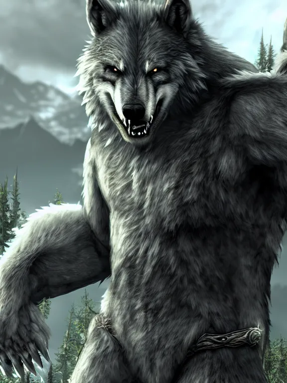 Image similar to cute handsome cuddly werewolf from van helsing unreal engine hyperreallistic render 8k character concept art masterpiece screenshot from the video game the Elder Scrolls V: Skyrim