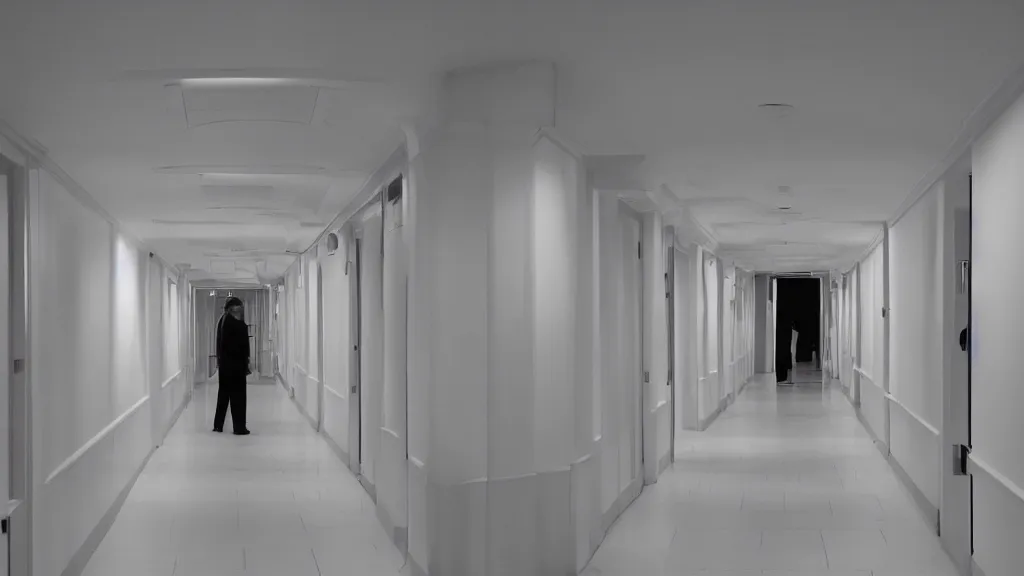 Image similar to stanley kubrick white hallway