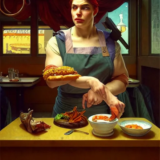 Prompt: the roman god of food, wearing a soiled apron, service short order food in a cyberpunk diner, intricate, headshot, highly detailed, digital painting, artstation, concept art, sharp focus, cinematic lighting, illustration, art by artgerm and greg rutkowski, alphonse mucha, cgsociety, edward hopper