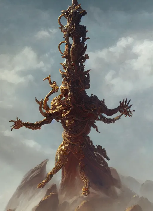 Image similar to Gigantic Deity with 8 arms, extremly detailed oil painting, in the style of Fenghua Zhong and Ruan Jia and Jeremy Lipking, rim light, beautiful lighting, 8k, stunning scene, raytracing, octane, trending on artstation