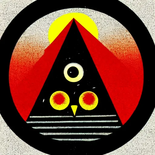 Image similar to an owl on the top of pyramid, darkest night, red eyes glowing, illustration, alan moore, watchmen, colorful, less saturation, grain, noise, avant garde, nft style, circle frame, rose black frame, coin look a like