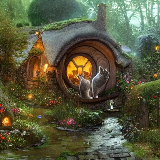 Image similar to cat in medieval hobbit house, ornate, beautiful, atmosphere, vibe, mist, smoke, fire, chimney, rain, wet, pristine, puddles, melting, dripping, snow, creek, lush, ice, bridge, forest, roses, flowers, by stanley artgerm lau, greg rutkowski, thomas kindkade, alphonse mucha, loish, norman rockwell