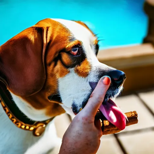 Image similar to a very detailed photo of a dog smoking a cigar outside the mansion by the pool