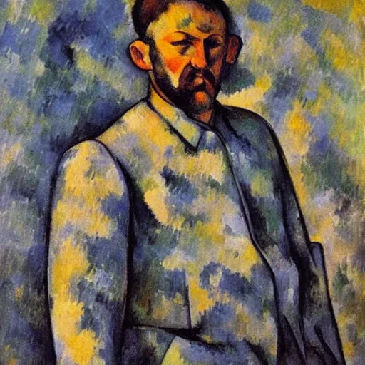 Prompt: Portrait of a giant man who can be seen from space, oil on canvas, Paul Cezanne, art