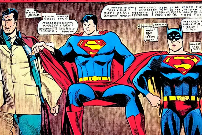 Prompt: Superman and Batman sitting in a train talking about the new marvel movie, as a panel of a Marvel comic