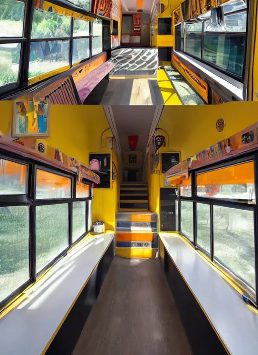 Prompt: interior design of a schoolie, mid - century modern converted school bus interior design by philippe starck and victoria hagan, detailed digital photography masterpiece, gorgeous, 4 k