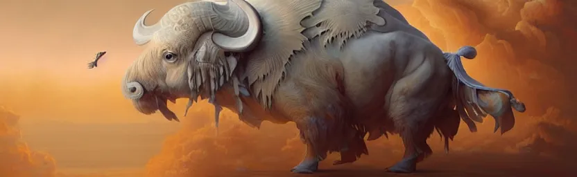 Image similar to sacred buffalo, acanthus scroll, ceremonial clouds, dripping paint, fibonacci rhythm, artstation, art germ, wlop, karol bak, christopher balaskas, ross tran