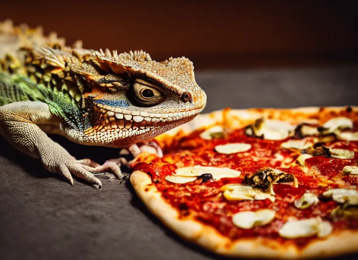 Image similar to dslr portrait still of a bearded dragon eating a peperoni pizza, 8 k 8 5 mm f 1. 4