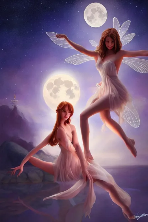 Image similar to attractive fairy magically floating high in the night, fantasy, full moon in background. highly detailed painting by artgerm, mid shot, 8 k