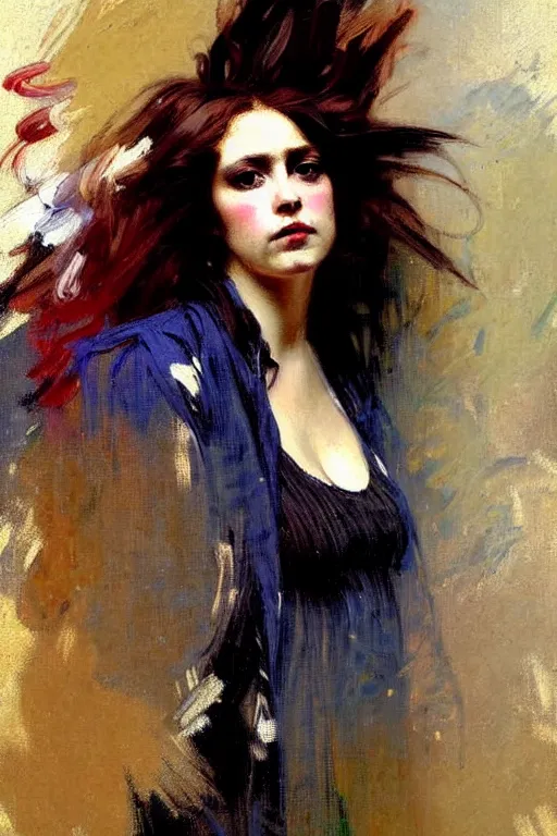 Image similar to impressionist brushstrokes!!!!!!!!! solomon joseph solomon and richard schmid and jeremy lipking victorian loose genre loose painting full length portrait painting of a young beautiful woman punk rocker