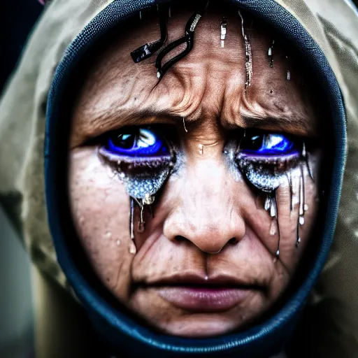 Image similar to photographic portrait of a poor techwear woman with tears in her eyes, closeup, sigma 85mm f/1.4, 4k, depth of field, high resolution, 4k, 8k, hd, full color