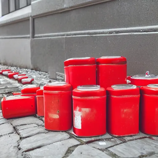 Image similar to pile of red canisters and white bags near wall