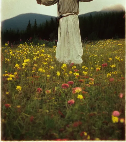 Image similar to mystical death god standing in tall meadow of flowers, distant, vintage film photo, grainy, high detail, high resolution