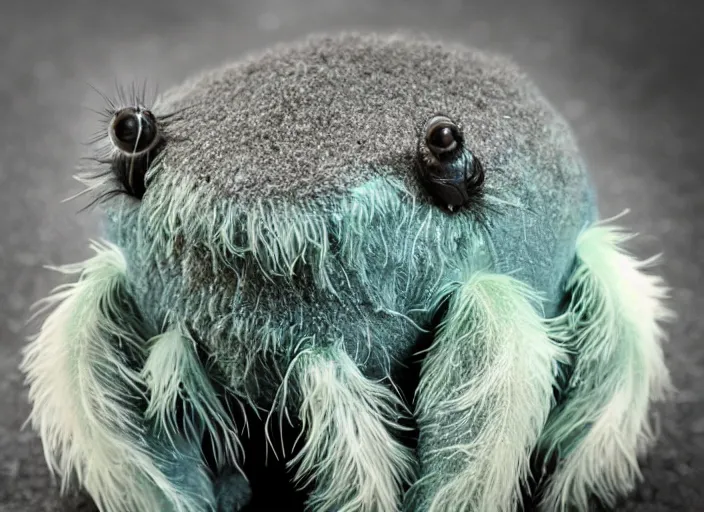 Prompt: a portrait shot of a beautiful tardigrade!!! smiling!!! covered in feathers, front shot. lots of big cute eyes!!! tilt shift photography, extreme dof