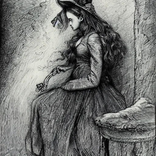 Prompt: Alice in Wonderland, portrait, realistic, very realistic, illustration by Gustave Doré