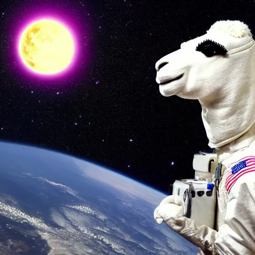 Image similar to An smug astronaut llama calls home