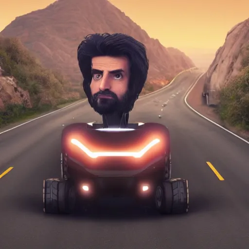 Image similar to Giant head of David Copperfield, dark hair, heavy eyebrows, on the top of a robotic vehicle with wheels running on a californian highway, rays of light, particles light, kuvshinov ilya, unreal engine, by sasha kalinkin