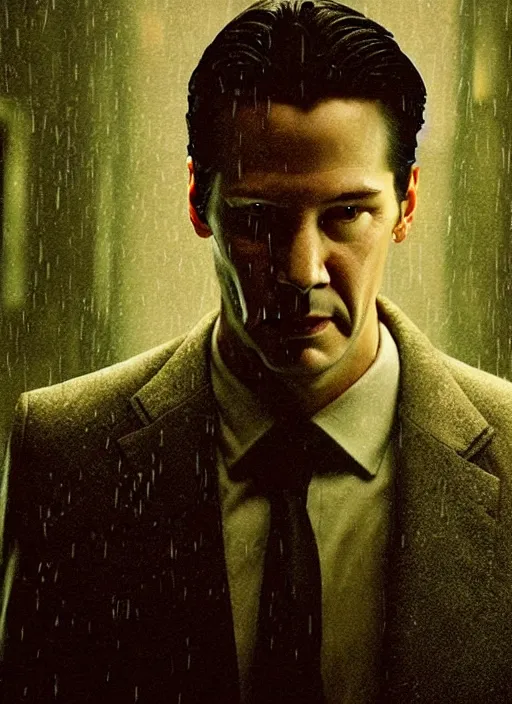 Image similar to screenshoot from david lynch weird movie, face centered portrait of keanu reeves in matrix movie, confident, fog, rain, volumetric lighting, beautiful, golden hour, sharp focus, ultra detailed, cgsociety by leesha hannigan, ross tran, thierry doizon, kai carpenter, ignacio fernandez rios, noir photorealism, film