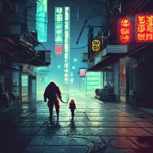 Image similar to illustration of a worn out samurai holding hands with his daughter that got time travelled to a futuristic colonized Martian city, rainy day, neon glow concept art, sharp focus, cyberpunk 2077, scifi, octane render, art by Ilya Kuvshinov, wallpaper, highly detailed, anime key visual, warm colors, epic landscape, HD digital art, artstation