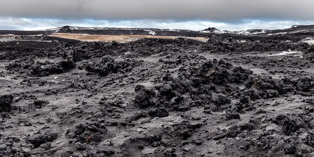 Prompt: icelandic landscape, black volcanic rock, expansive, abandoned mining equipment from star wars