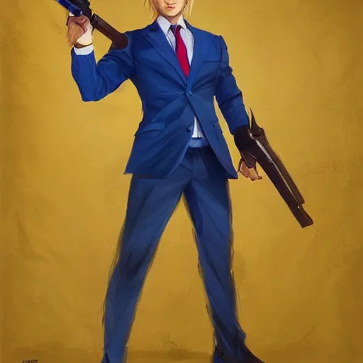 Image similar to artgerm portrait painting of a blond man in a blue suit with a sword and a pistol, asymmetrical, profile picture, organic painting, sunny day, matte painting, bold shapes, hard edges, street art, trending on artstation, by huang guangjian, gil elvgren, ruan jia, randy vargas, greg rutkowski