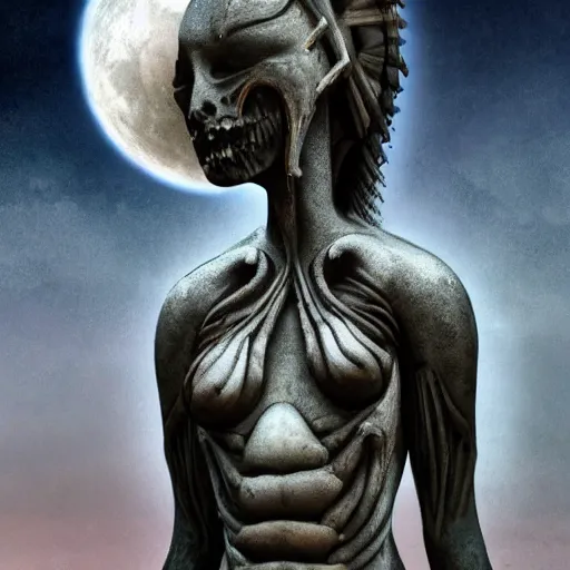 Image similar to a freaky goddess with a dark moon in the far distance behind her by H.R Giger, Ultra High Quality, beautiful, eerie, outstanding, trending on artstation, 8k, 3d render, octane render, intricately detailed artwork, full 8k high quality resolution, recently just found unknown masterpiece