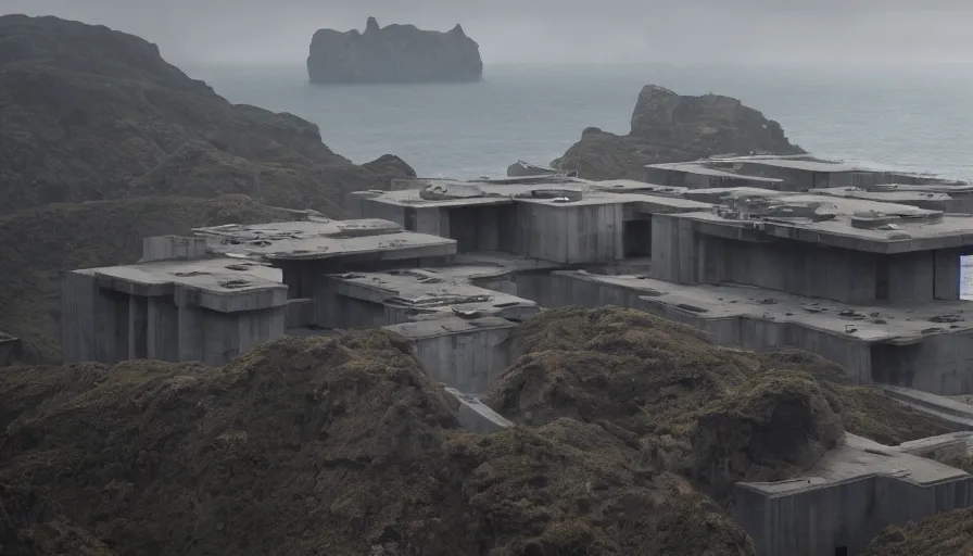 Image similar to big brutalist imperial military base on cliffs, drawing architecture, very long shot, top angle, imperial architecture in rogue one, pritzker architecture prize, brutalism architecture, jan urschel, greig fraser