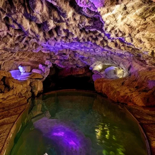 Prompt: inside a cave with a hot spring and the walls of made of amethyst, photo