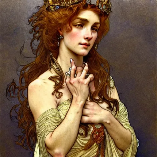 Prompt: highly detailed portrait of a majestic lioness queen in the form of a beautiful woman. d & d, art by anton pieck and augustus edwin mulready and alphonse mucha. trending on artstation, intricate details, energetic composition, golden ratio, concept art, illustration, elegant art