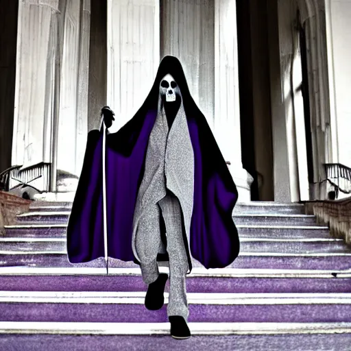 Image similar to grim reaper, purple cloak, full body