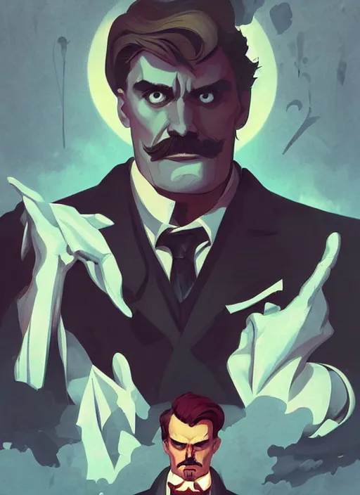 Prompt: Friedrich Nietzsche as the Ubermensch with a chiseled Jawline and serious Look, in his suit, in the Style of Artgerm and Charlie Bowater and Atey Ghailan and Mike Mignola, vibrant colors and hard shadows and strong rim light, Comic Cover Art, plain background, trending on artstation