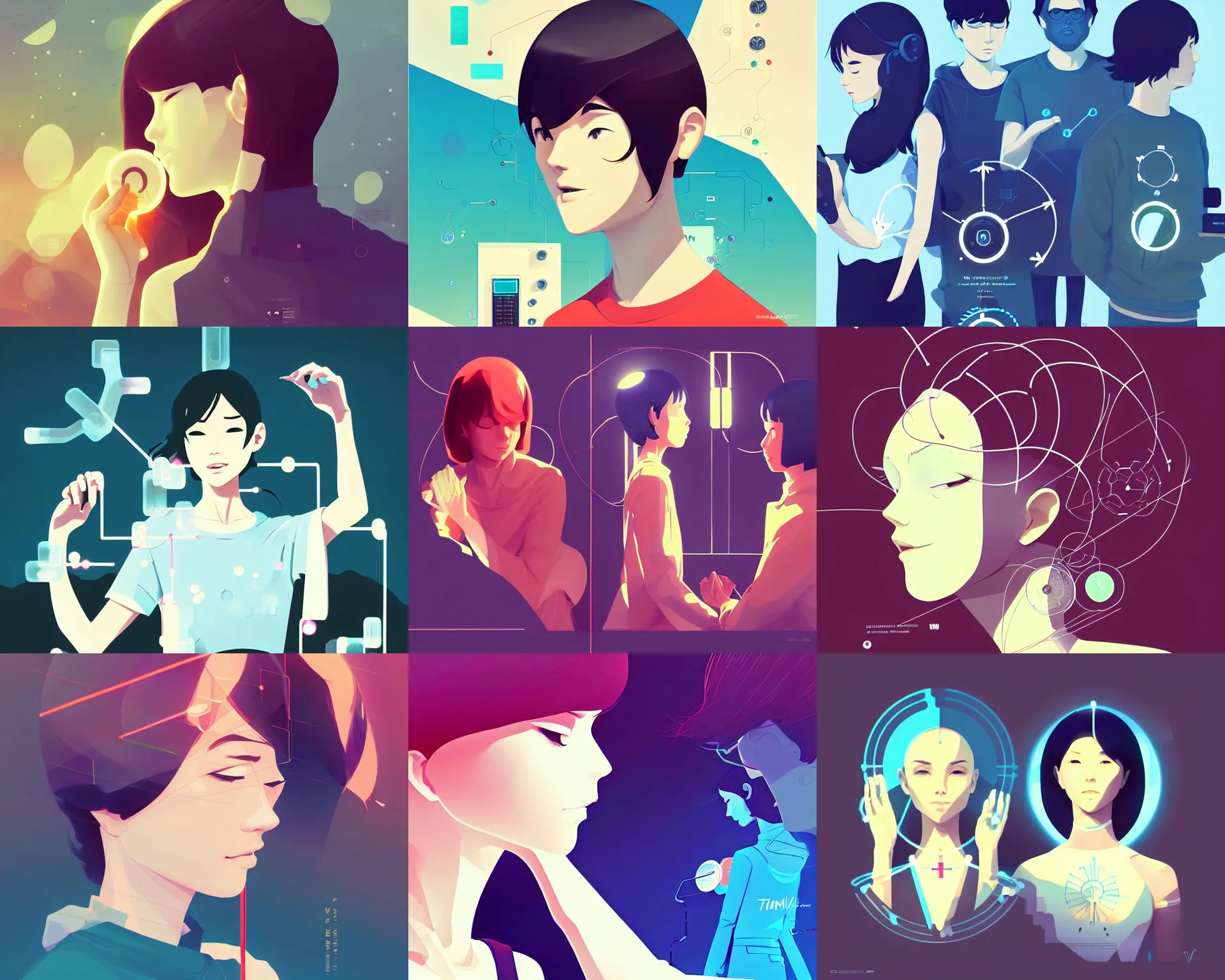 Prompt: communion circuits ; mind links ; thousand - cycle communications - and - relay forms.. clean cel shaded vector art. minimalist illustration art by lois van baarle, artgerm, helen huang by makoto shinkai and ilya kuvshinov, rossdraws