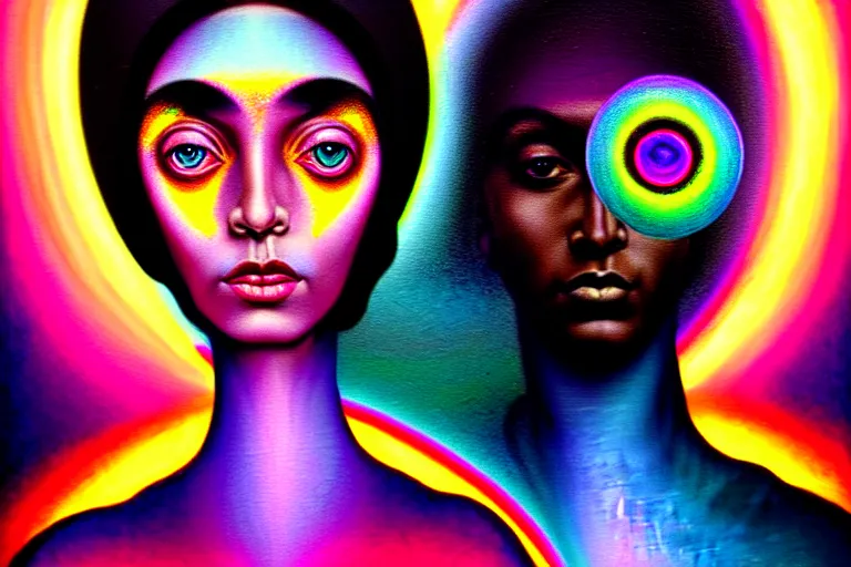 Image similar to patron saint of 🛸🌈👩🏾, futuristic iridescent clothing, wormhole, nebula, black hole, multiverse, neon god of city character portrait, in the style of margaret keane, moebius, tom bagshaw, and waterhouse, cinematic lighting, beautiful, elegant, oil painting,