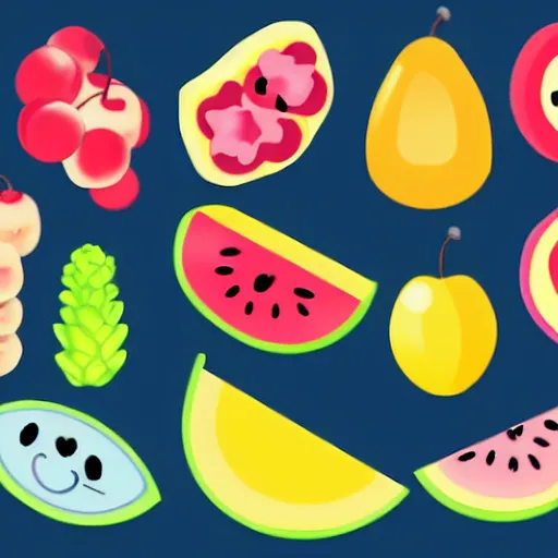 Image similar to a set of kawaii fruits isolated on white background, cartoon, cute, vector graphics,